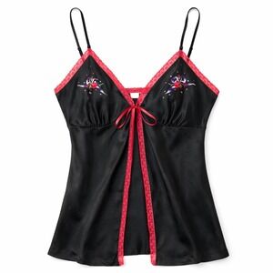 Victoria's Secret Vintage Satin Babydoll Top Black Beaded Floral Medium 90s Y2K